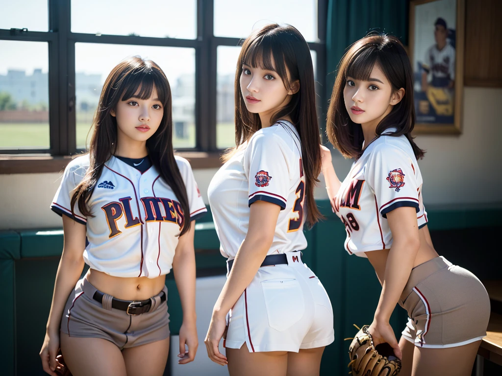(RAW photo, 4k, masterpiece, high resolution, extremely complex) (realistic: 1.4), cinematic lighting
 ((2 girls)),Slam Dunk's,blushing,((innocent)),(Dark makeup),bright eyes,round eyes,blunt bangs,(straight hair:1.3),black hair,large breasts,wide hips,Summer Noon, 20 year old girl、cute type、lolita,Hot, (Best Quality), (Highres), (an Extremely Delicate and Beautiful),(Beautiful 8k face),(Brown eyes),short bob hair,( spectators),(gigantic breasts),(Play with each other,Touching each other's bodies,Touching the body),((Baseball Uniforms), a miniskirt, Toned buttocks),(reality),bright lighting,(The background is a luxury hotel room)