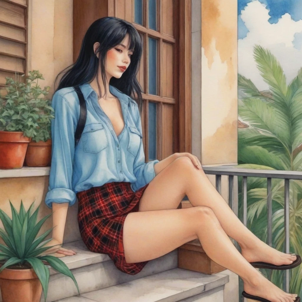 anime , The watercolor, anime style, you asked for it, with the Brazilian woman as the focal point of the scene. She sits with her back to us on a concrete porch, her arms resting on her knees and her straight black hair falling around her shoulders. She wears a light blue blouse with thin straps and a floral skirt, her lips are a striking red and she wears black flip-flops. A brown plaid bag sits on the balcony, and the background has a beige wall with a window and potted plants by Daniela Uhlig