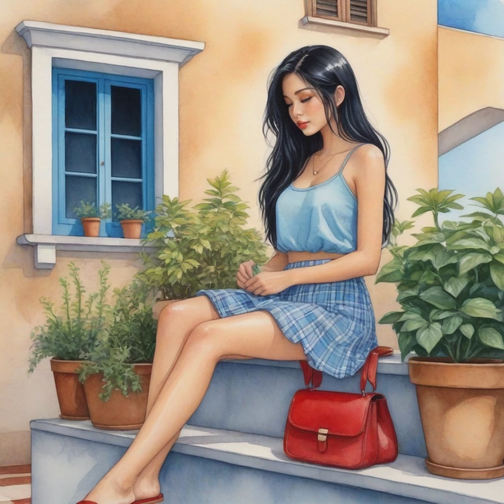 anime , The watercolor, anime style, you asked for it, with the Brazilian woman as the focal point of the scene. She sits with her back to us on a concrete porch, her arms resting on her knees and her straight black hair falling around her shoulders. She wears a light blue blouse with thin straps and a floral skirt, her lips are a striking red and she wears black flip-flops. A brown plaid bag sits on the balcony, and the background has a beige wall with a window and potted plants by Daniela Uhlig