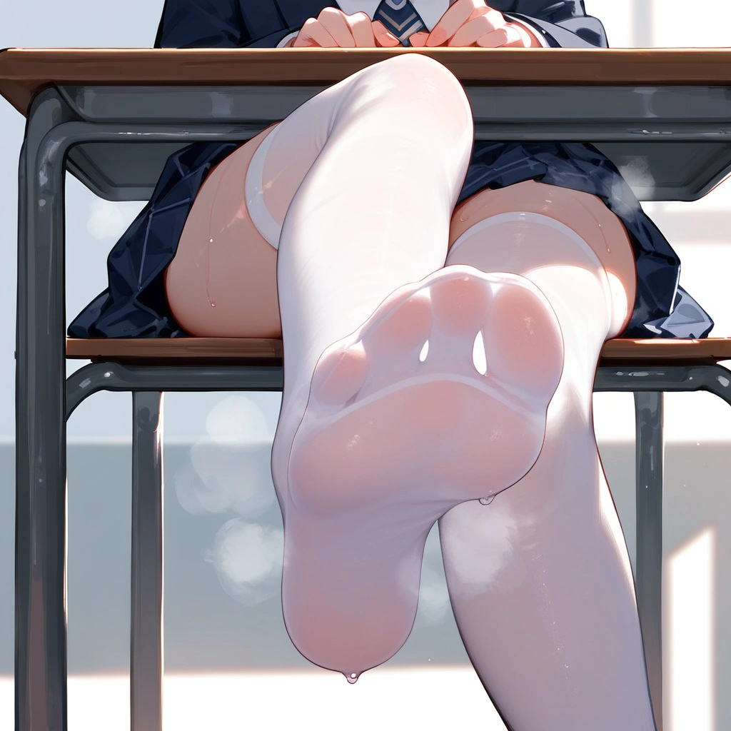 score_9, score_8_up,1girl, sitting, heavy breathing, steam, sweat,  white wet stockings,sweat steaming body, ,feet, foot focus,  at school, under desk view, school girl, face out of frame