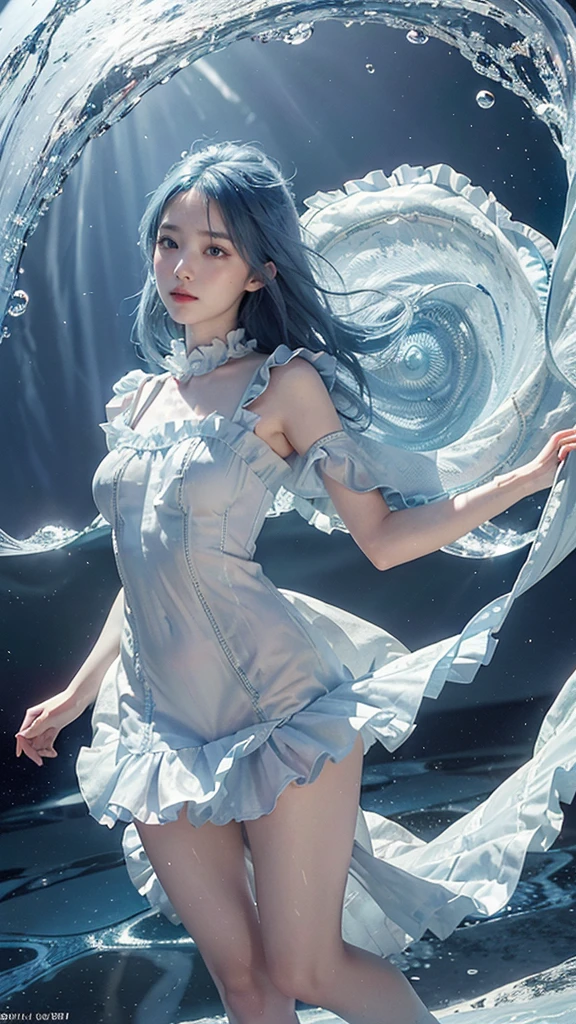 absurdres, highres, (official art, beautiful and aesthetic:1.2), (near vision:1.15), (1girl, blue hair, medium hair, blue eyes, bright eyes, long white dress, blue ruffle,:1.2) blue sky, Shimmering Galaxy, (Salar de Uyuni:1.2), (fractal art:0.8), water effects, ripple effects, (flower effects: 0.65), light effects,