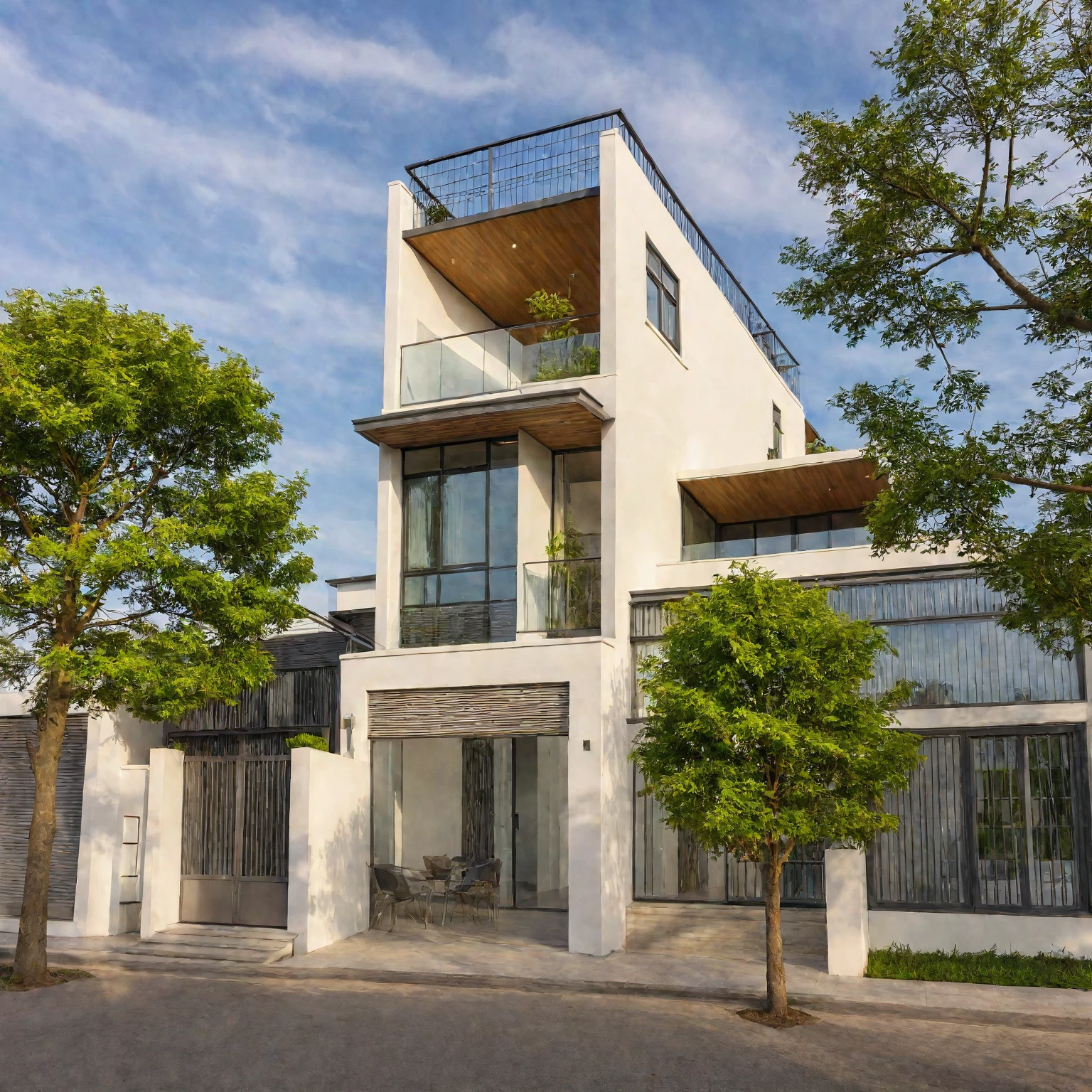 Masterpiece, high quality, best quality, authentic, super detail, outdoors, house style modern, bietthuhn, white wall, glass windows, gate road, pavement, grass, trees, Beautiful_sky, SUNSET, (day:1.1), realistic lighting