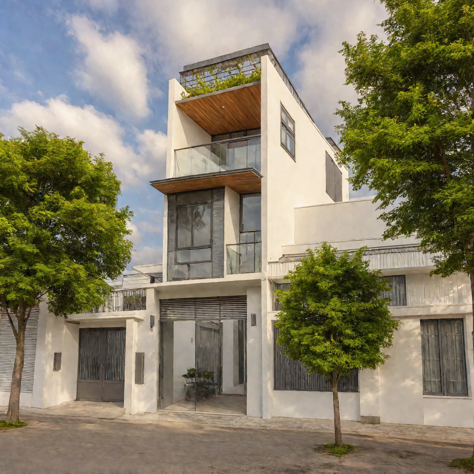 Masterpiece, high quality, best quality, authentic, super detail, outdoors, house style modern, bietthuhn, white wall, glass windows, gate road, pavement, grass, trees, Beautiful_sky, SUNSET, (day:1.1), realistic lighting