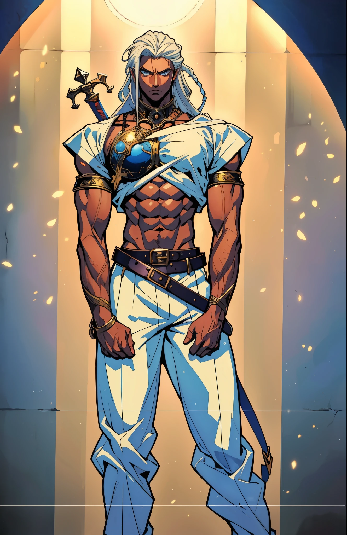 A young man with long white dreadlocks, dark skin, a melancholic expression, drooping eyelids and eyebrows, a lean face, a thin yet sturdy build, a tattered and ill-fitting light blue fantasy-style adventurer's shirt with short sleeves, revealing his abs, a silver breastplate on his left chest, a large sword is strapped to his back, a yellow belt, white coarse cloth trousers, stands nervously in a fantasy-style western town, this character embodies a finely crafted fantasy-style adventurer in anime style, exquisite and mature manga art style, dramatic, high definition, best quality, highres, ultra-detailed, ultra-fine painting, extremely delicate, professional, perfect body proportions, golden ratio, anatomically correct, symmetrical face, extremely detailed eyes and face, high quality eyes, creativity, RAW photo, UHD, 32k, Natural light, cinematic lighting, masterpiece--perfect, masterpiece:1.5