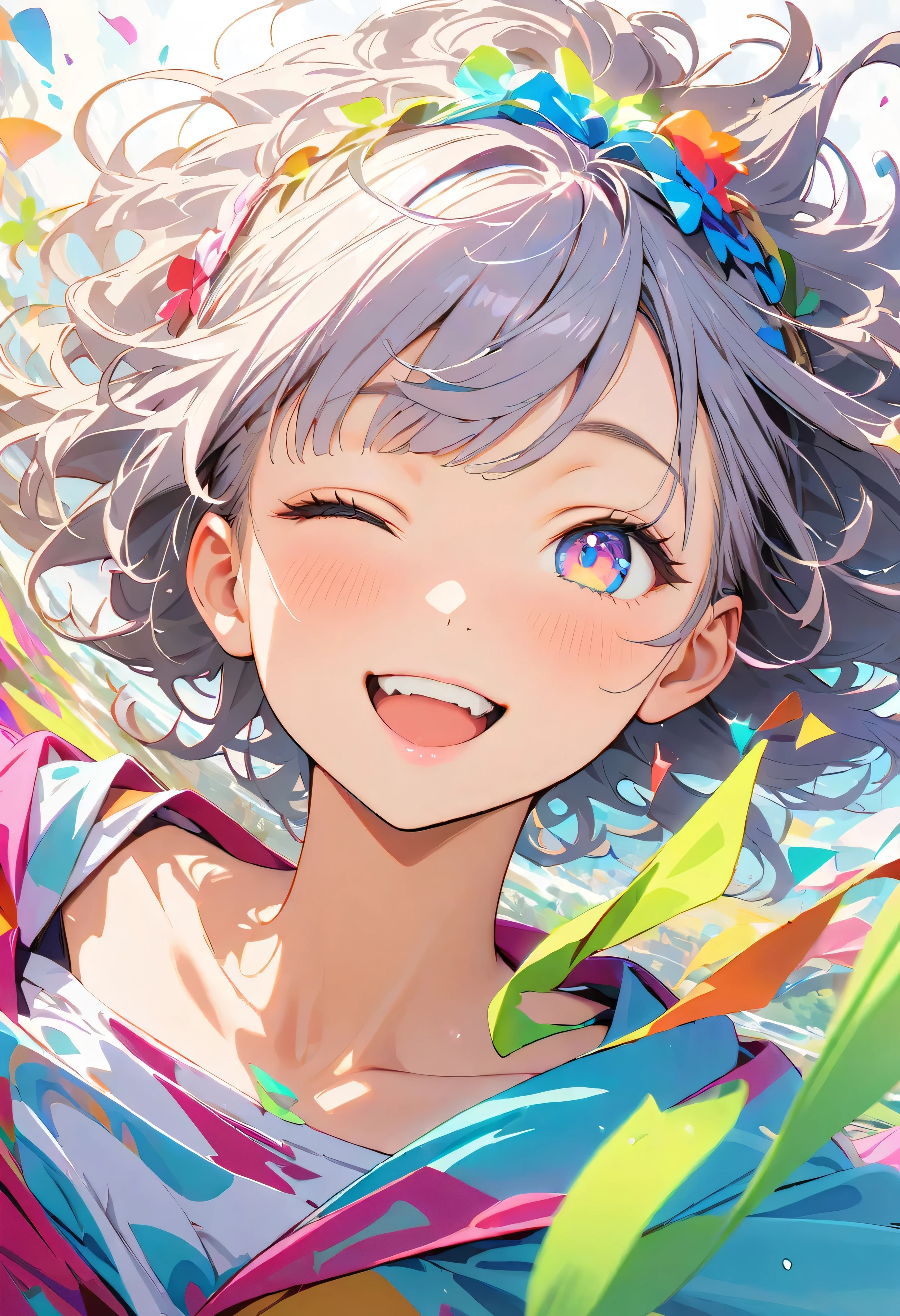 (masterpiece, Highest quality, Official Art:1.2), (colorful), Looking at the audience, One Girl, alone, White Background, floating colorful water, Ultra-fine illustrations, highly detailed, Dynamic Angle, beautiful detailed, 8K, break smiling amidst the colorful scenes, (Highest quality, masterpiece, High resolution, detailed), Anime Style, (Shining Eyes, detailed美しい顔), break,Dynamic Angle