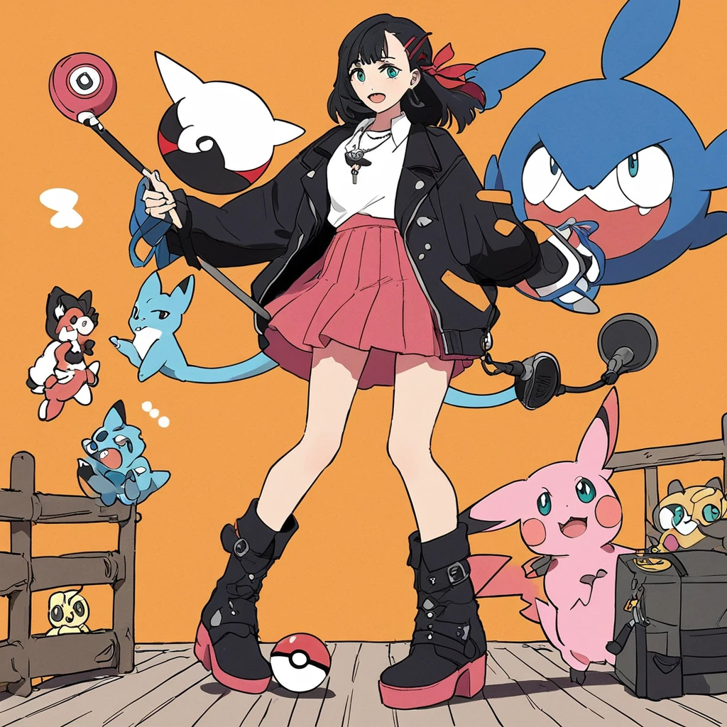 (masterpiece, best quality:1.2), Coal Owl,1 Girl, Aqua eyes, asymmetrical Bangs, Asymmetrical hair, Bag, Bangs, black Necklace, Black footwear, Black Hair, black jacket, boots, Necklace, collared skirt, skirt, eyelash, Gloria \(Pokémon\), hair Ribbon, Keep, jacket, Long hair, Long sleeve, Marnie \(Pokémon\), Medium Length Hair, Microphone stand, Morpe, Morpe \(full\), Open clothes, open mouth, Orange background, pier \(Pokémon\), pink skirt, Pokeball, Pokeball \(basic\), Pokémon \(biology\), red Ribbon, Ribbon, Lotom, Lotom phone, permanent, teeth, Double tail