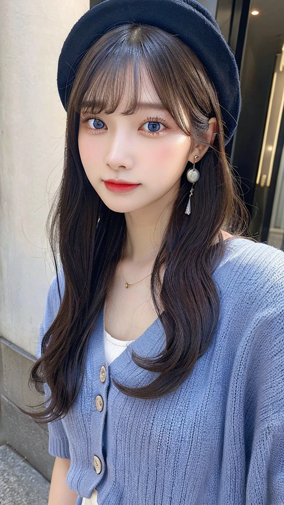 （３２hair,High resolution,High detail,High resolution,high density,alone,In addition：1.3）,（A realistic person々,Live Action,fine grain,High resolutionの目,Beautiful Eyes,Eyes that look alive,Beautiful dark blue eyes,Fishing eyes,Detailed lips,Translucent white skin,Realistic face in every detail：1.3）,（Japanese Ido,hairorean Idols,Japanese Model,hairorean models,hairorean hair-Pop Female Idols：1.2）,（Blushing,Natural Makeup,necklace,Earrings,へそEarrings：1.4）（Shorts、A mesh cardigan with an oversized silhouette、Leather boots,hairnitted hats,Mode Style, Beautiful casual look：1.6）,（Shapely breasts：1.5）,（Young but very beautiful hairorean１6 years old ,Cool eyes,Laugh a little,turn around,looked back,Looking into the camera,Fashion Leader,Fashion Model,Soft Skin,Unforgettable Eyes,Her eyes are so beautiful,I want to go to the Paris Collection.........,Cutting-edge fashion：1.6、Left eye is red、Right eye blue、Face close-up