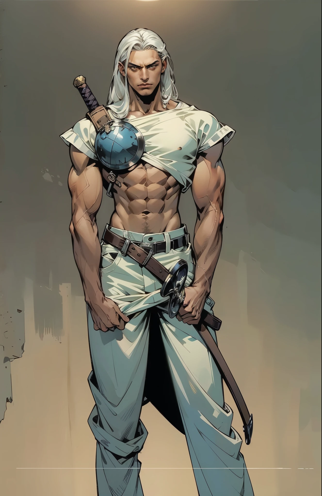 A young man with long white dreadlocks, dark skin, a melancholic expression, drooping eyelids and eyebrows, a lean face, a thin yet sturdy build, a tattered and ill-fitting light blue fantasy-style adventurer's shirt with short sleeves, revealing his abs, a silver breastplate on his left , a large sword is strapped to his back, a yellow belt, white coarse cloth trousers, stands nervously in a fantasy-style western town, this character embodies a finely crafted fantasy-style adventurer in anime style, exquisite and mature manga art style, dramatic, high definition, best quality, highres, ultra-detailed, ultra-fine painting, extremely delicate, professional, perfect body proportions, golden ratio, anatomically correct, symmetrical face, extremely detailed eyes and face, high quality eyes, creativity, RAW photo, UHD, 32k, Natural light, cinematic lighting, masterpiece--perfect, masterpiece:1.5
