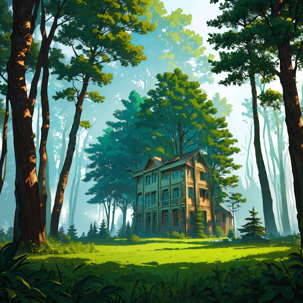 Cyberpunk, broken, there is a dense primeval forest with a lot of vintage house building pictures, cyberpunk, broken, there are a lot of stones, green lush forest background, thick tree background, large meadow, arena background, game background, exaggerated forest background, cartoon style