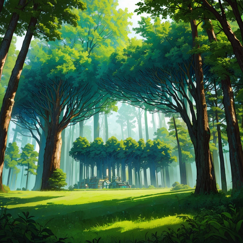 Cyberpunk, broken, there is a dense primeval forest with a lot of vintage house building pictures, cyberpunk, broken, there are a lot of stones, green lush forest background, thick tree background, large meadow, arena background, game background, exaggerated forest background, cartoon style