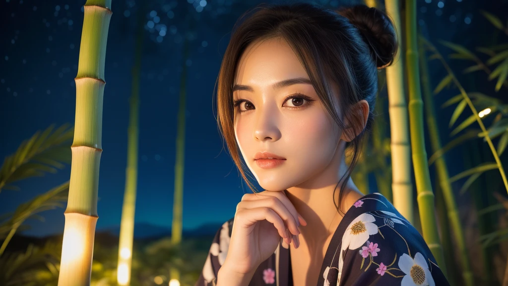 (1women), bun hair, (round eyes:1.2), (highly detailed face), (extremely detailed beautiful face), (floral pattern yukata), (Best Quality:1.4), (Ultra-detailed), extremely detailed CG unified 8k wallpaper, Realistic portrait, Beautiful detailed, High-definition raw color photos, professional photography, night sky, tanzaku, a bamboo thicket, (Japan's Tanabata, Tanabata night), tanzaku, beautiful milky way, bamboo, scenery, plant, (fine face:1.2), focus on women