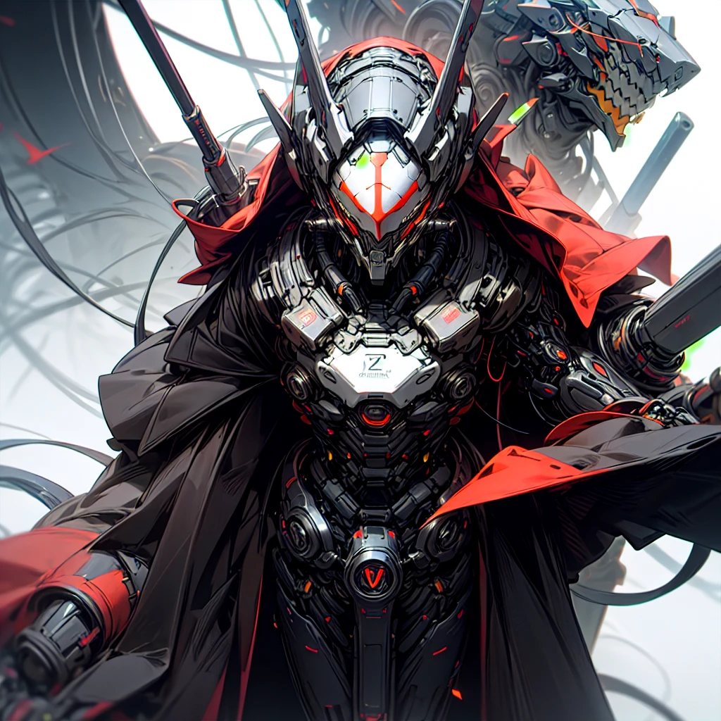 enigmatic black hooded cybernetic neon helmet, and black mask, enigmatic black hardware and nanotubes on cloak, cybernetic chrome hardware, photo realistic, maximum details, :blank :white background --chaos 10 --ar 4:5 --stylize 250 --v 6.0