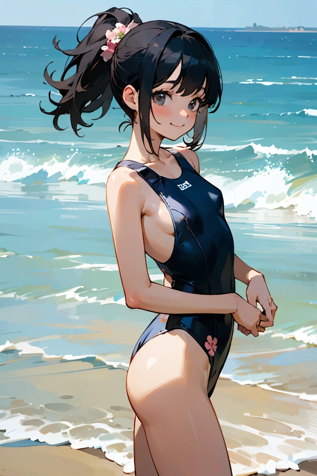 NSFW、In the best quality、Teenage girl standing on a sandy beach。In high resolution、Beautiful details、Quiet atmosphere。Black hair ponytail、Cute Smile.。Small breasts、Cute floral one-piece swimsuit。