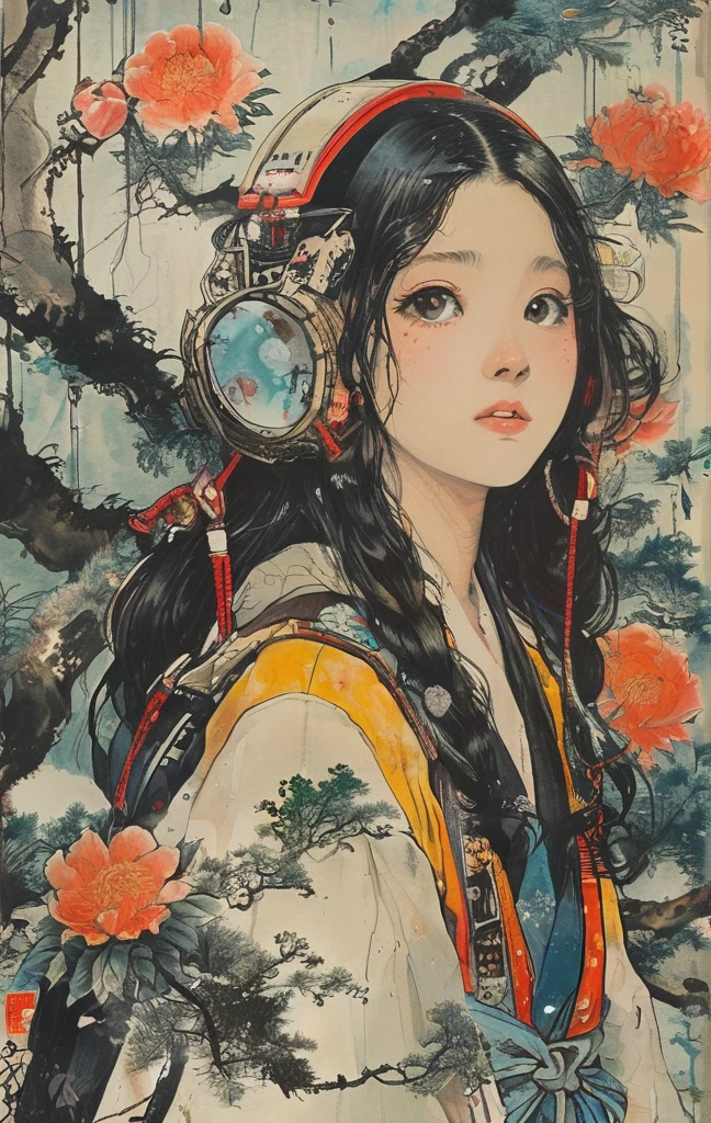masterpiece,best quality,illustration,style of Kawanabe Kyosai, tech genius age girl