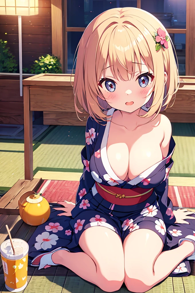 Cute beautiful girl、big eyes、Open yukata、big breasts