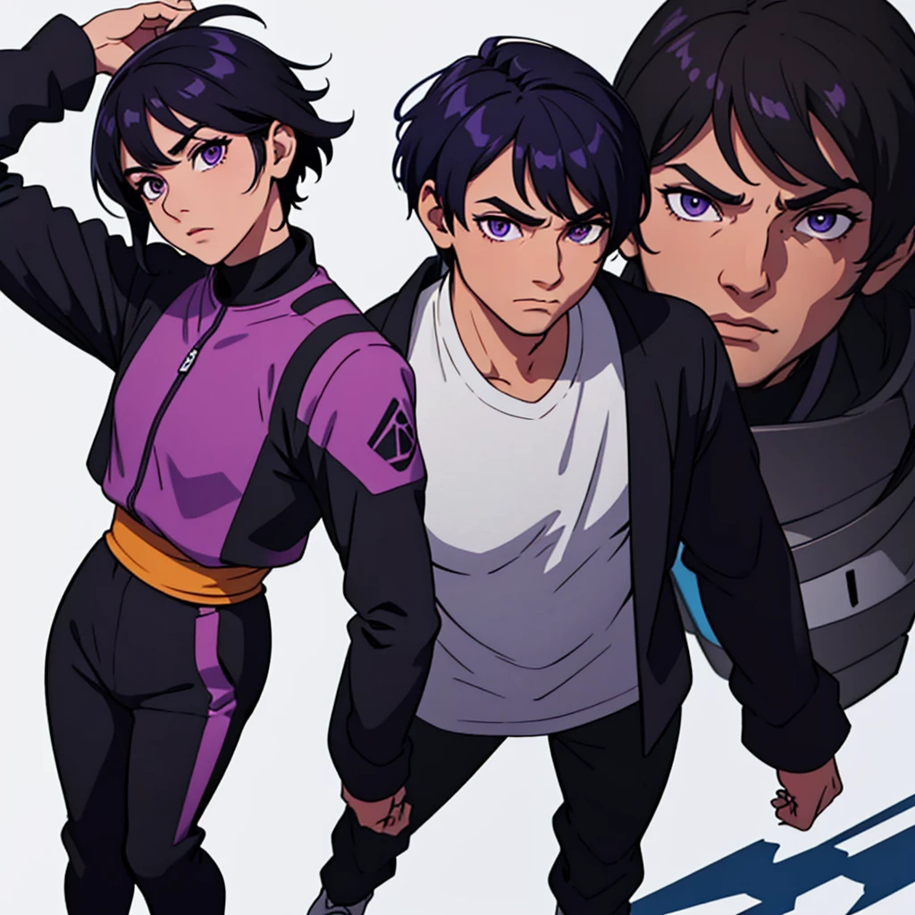 short black hair, highres, high resolution, masterpiece, wide purple eyes, talking, neutral face, confident, masterpiece, best quality, highres, 1 man, Baro Shoei blue lock, extremely short hair, black hair, short hair, teenager, colorful hair, light background, full body, teenager, colorful parts, symbols, dark , bold, realistic mixing dark lines and loose lines, bold lines, on paper, human man, full body, imposing pose, stylish outfit, dark theme, handsome, attractive, boastful, standing, male, sharp chin, wide jaw, square face, white background, highres, high resolution, masterpiece