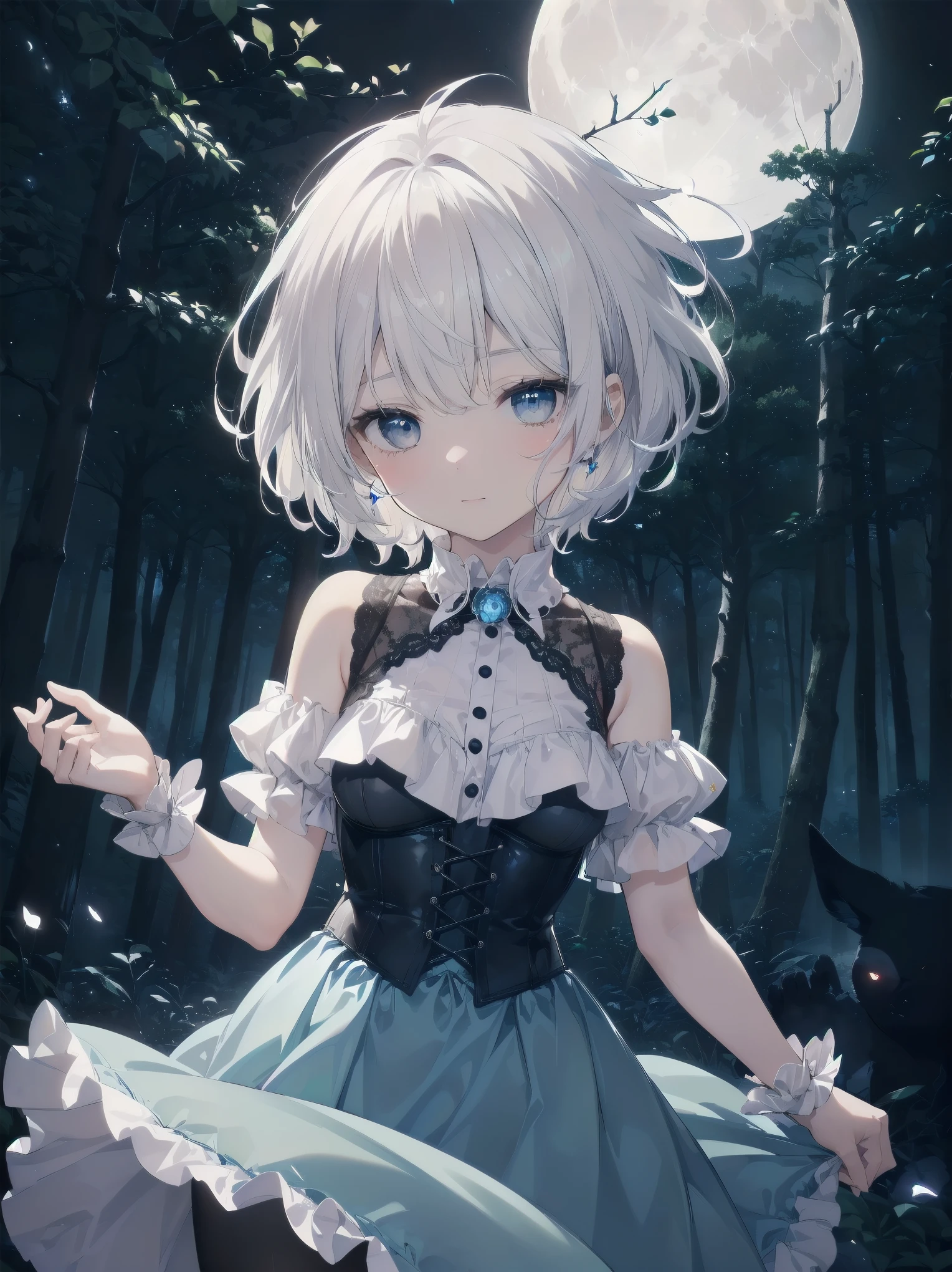 masterpiece、Highest quality、Beautiful expression、Absurd、Extraordinary World、Beauty、solo、Idol、(Cowboy Shot、Light blue ruffle lace long dress、white collar、White Ruffled Cuff、particle:1.5)、(bloom、Shine:1.4)、(Laughter)、(Short white hair、blue eyes:1.7)、Sharp focus、Photorealistic、High resolution、Most detailed、Very detailed、Detailed face and eyes、Sharp pupils、Realistic student、Sharp focus、 Shiny skin、Black Corset、Black pantyhose、(Dark Forest、moon、Dark Background:1.5)、Rim Light、dynamic, Cinema Lighting