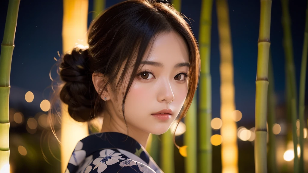 (1women), bun hair, (round eyes:1.2), (highly detailed face), (extremely detailed beautiful face), (floral pattern yukata), (Best Quality:1.4), (Ultra-detailed), extremely detailed CG unified 8k wallpaper, Realistic portrait, Beautiful detailed, High-definition raw color photos, professional photography, night sky, tanzaku, a bamboo thicket, (Japan's Tanabata, Tanabata night), tanzaku, beautiful milky way, bamboo, scenery, plant, (fine face:1.2), focus on women