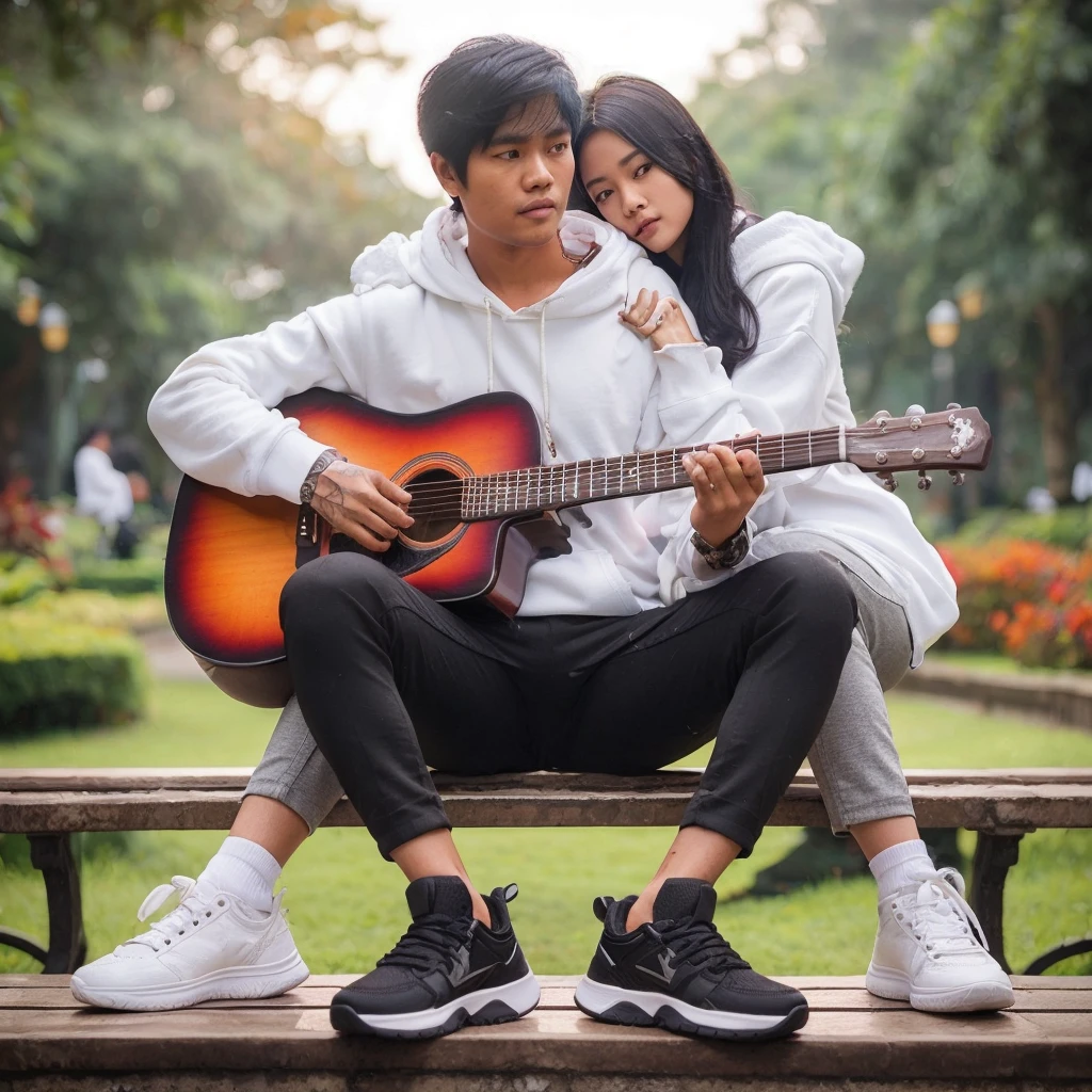 full body,  a handsome Indonesian man with black hair, wearing a white hoodie, black trousers, wear sneakers, he was playing guitar in a beautiful garden. behind him is a beautiful woman (his girlfriend) was embracing Lelski&#39;s neck, the black-haired woman was hugging Mersa. Their faces are facing forward looking at the camera, the picture is very clear,nyata realistic 64k