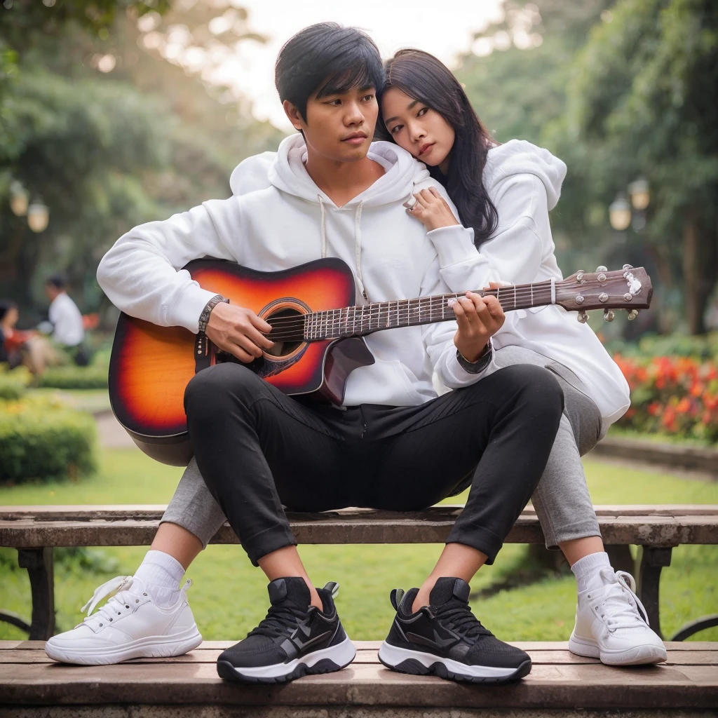 full body, a handsome Indonesian man with black hair, wearing a white hoodie, black trousers, wear sneakers, he was playing guitar in a beautiful garden. behind him is a beautiful woman (his girlfriend) was embracing Lelski's neck, the black-haired woman was hugging Mersa. Their faces are facing forward looking at the camera, the picture is very clear,nyata realistic 64k