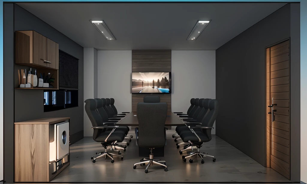 render 8k, high realism, Cinema 4k, 3d, High definition, meeting room, neutral lighting, with warm color LED on the TV Panel, white walls.