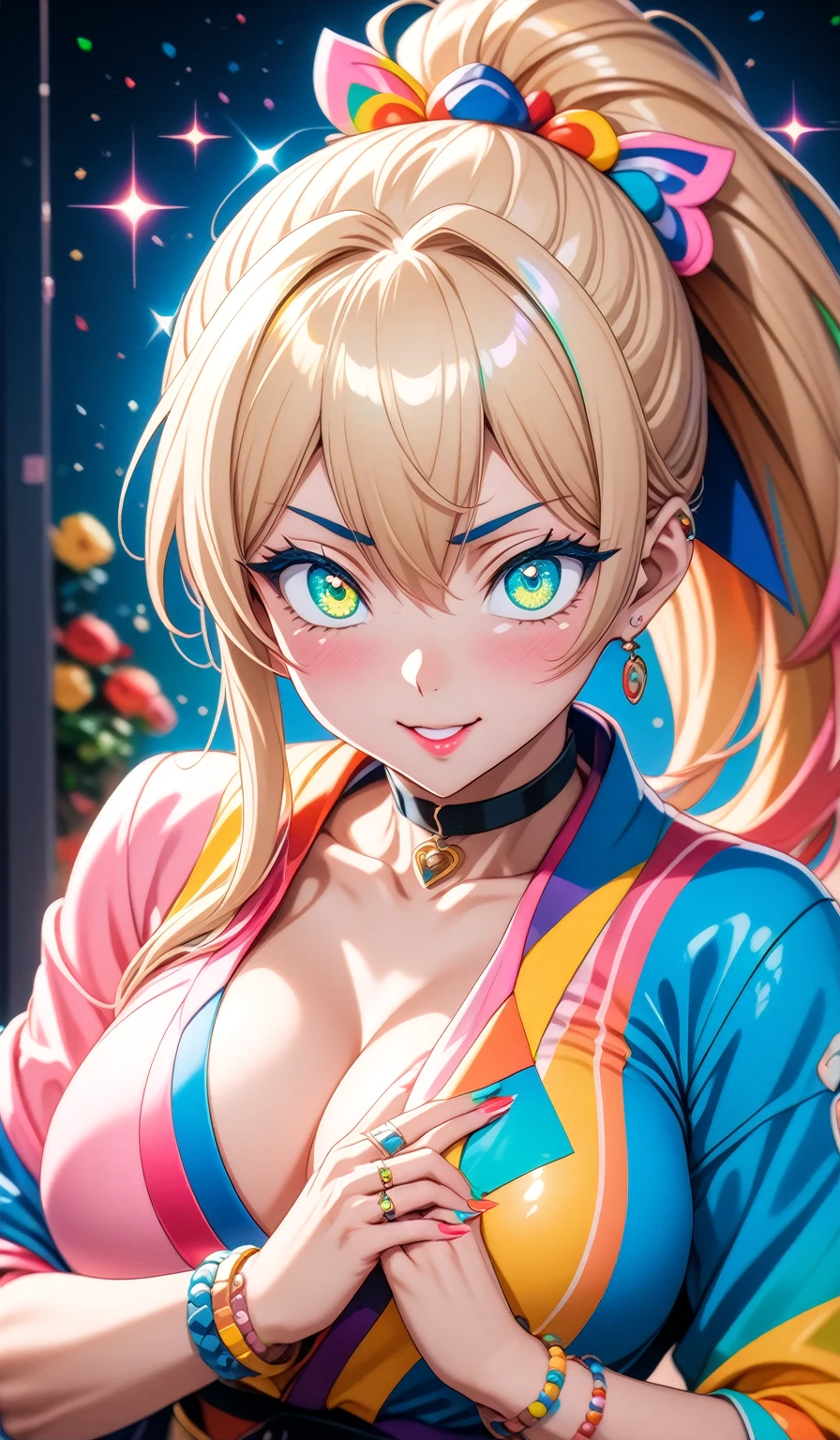 ((One personの女性)), Beautiful Face, ((Looking Outside:1.8)),Laughing embarrassedly,((Wink:1.8)),Laugh with your mouth wide open((Bright red cheeks:1.4)),Glossy pink lips,night,rooftop,Festive decorations,You can see the ocean, firework,Laughing with your mouth open,Glossy pink lips,Facial lighting,((Anime style background)),masterpiece, Highest quality, so beautiful,up to date, Complex details, (Pink long nails),(ring),(bracelet),(choker),AI-generated, Complex,High resolution, Highest quality, super high quality,3D Images、3D Images,One person,Long blonde hair,High Ponytail,(turquoise blue~yellow eyes),Anime woman posing for a photo, ((Fine grain、Colorful eyes、Shining Eyes:1.4)),(Squint your eyes:1.1),a hyperRealistic , hyperRealistic , Realistic,Anime woman with long white hair, Smooth anime CG art, A woman in a colorful kimono with gold embroidery, (Pink long-sleeved kimono),Red floral pattern,Long flower hair ornament,big floral earrings,Mature Body,(???????????:1.1),expensive,Abdominal muscles,Tight waist,(Face Zoom:1.8),Shooting from below at an angle