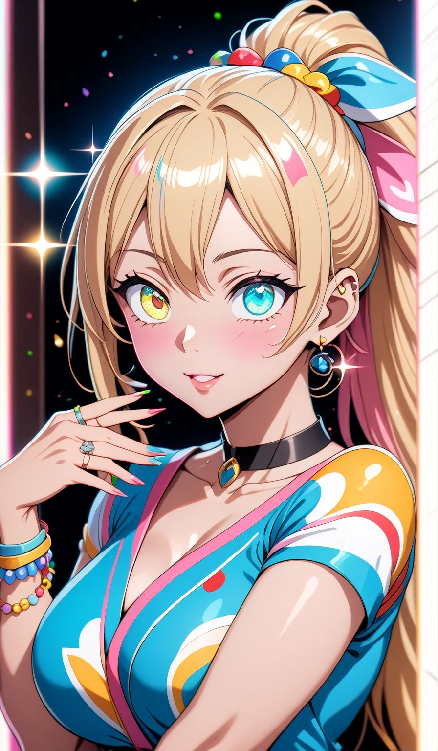 ((One personの女性)), Beautiful Face, ((Looking Outside:1.8)),Laughing embarrassedly,((Wink:1.8)),Laugh with your mouth wide open((Bright red cheeks:1.4)),Glossy pink lips,night,rooftop,Festive decorations,You can see the ocean, firework,Laughing with your mouth open,Glossy pink lips,Facial lighting,((Anime style background)),masterpiece, Highest quality, so beautiful,up to date, Complex details, (Pink long nails),(ring),(bracelet),(choker),AI-generated, Complex,High resolution, Highest quality, super high quality,3D Images、3D Images,One person,Long blonde hair,High Ponytail,(turquoise blue~yellow eyes),Anime woman posing for a photo, ((Fine grain、Colorful eyes、Shining Eyes:1.4)),(Squint your eyes:1.1),a hyperRealistic , hyperRealistic , Realistic,Anime woman with long white hair, Smooth anime CG art, A woman in a colorful kimono with gold embroidery, (Pink long-sleeved kimono),Red floral pattern,Long flower hair ornament,big floral earrings,Mature Body,(Big Breasts:1.1),expensive,Abdominal muscles,Tight waist,(Face Zoom:1.8),Shooting from below at an angle