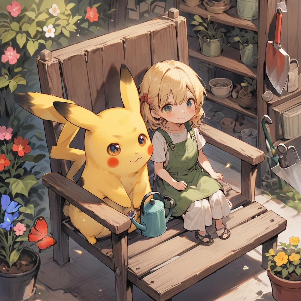 Draw a delightful illustration of Pikachu relaxing in a garden chair. Pikachu should be surrounded by blooming flowers and greenery, sitting comfortably with a smile. Include details like a watering can, garden tools, and butterflies flying around. The overall vibe should be fresh and lively.