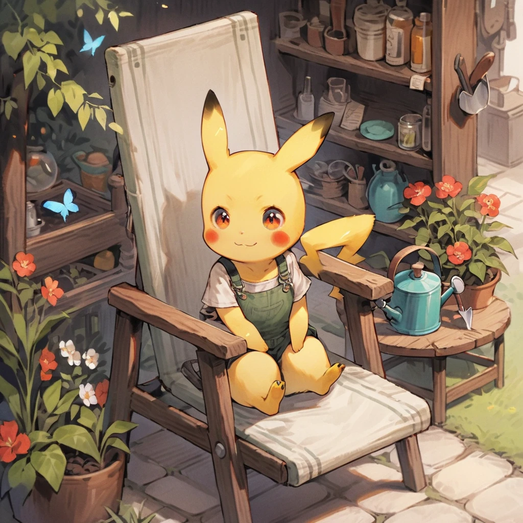 Draw a delightful illustration of Pikachu relaxing in a garden chair. Pikachu should be surrounded by blooming flowers and greenery, sitting comfortably with a smile. Include details like a watering can, garden tools, and butterflies flying around. The overall vibe should be fresh and lively.