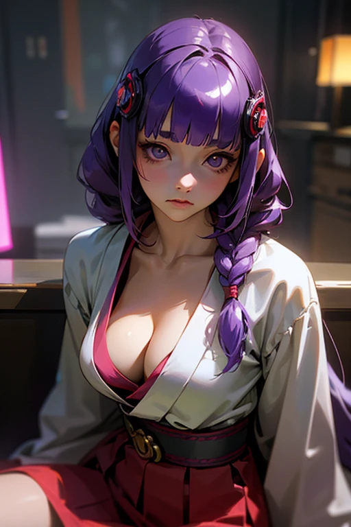 1 Girl, Blunt bangs, Braiding, Wide sleeves, hair ornaments, kimono, Red Belt, (Purple Hair:1.2), Very long hair, Straight hair, Looking at the audience, Highly detailed background, (Realistic:1.2), Beautiful Eyes, Red eyeshadow, Written boundary depth，thigh, (Urzan-6500:0.7), Upper Body, (alone:1.2), (Cyberpunk City:1.1), Cleavage, Shiny skin、Sit at the bar counselor、