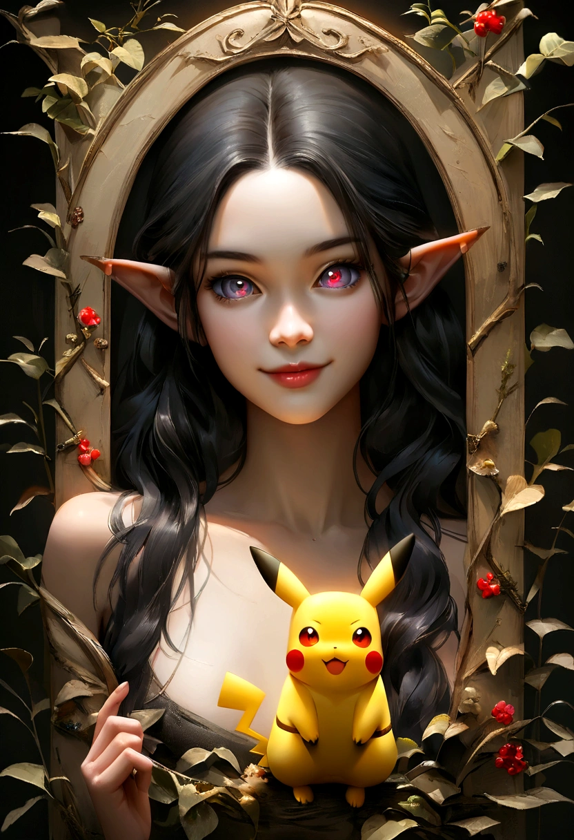 Black Hair, Long Hair, Pikachuを擬人化,Fuji frame, Pikachu, Pikachuの耳, Variegated eyes, Pointed Ears, smile, Young people, Conceptual Art, realism, Chiaroscuro, Anatomically correct, Textured skin,Delicate,