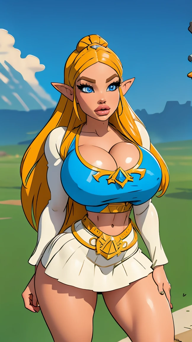 big tits, perfect body, perfect , perfect face, perfect fingers, very short skirt, friendly expression, gorgeous face, slutty,  knee high boots, zelda, princess zelda, croptop, bare midriff, white skirt, white clothes, wet clothes, hard nipples