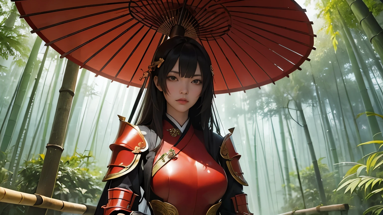 A beautiful woman. She wears Japanese-style red armor. She is looking at the camera with a serious expression. The location is in a bamboo forest where it rains.