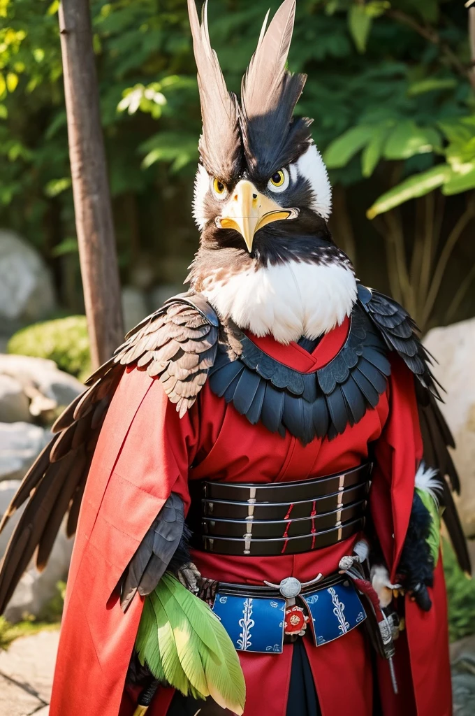 "A hyper-realistic yet cute image of an anthropomorphic hawk dressed as a samurai. The hawk has a human-like body but retains adorable avian features and soft feathers, wearing a small-sized traditional samurai armor and a helmet. The setting is a vibrant Japanese forest with lush greenery, bright and cheerful colors, and a friendly, enchanting atmosphere."