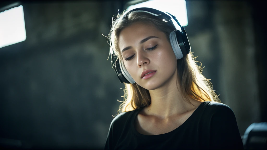 Beautiful blonde with big breasts in a black T-shirt (I sit in the dark ruins with my eyes closed and tears streaming down my face),Wearing headphones,Very detailed, 21 years old, Innocent face, Naturally Wavy Hair, blue eyes, High resolution, masterpiece, Highest quality, Intricate details, Very detailed, Clear focus, Delicate skin, practical skin texture, texture, Delicate eyes, Professional, 4K, Sad crying face, Shot with Canon, 85mm, Shallow and deep, Kodak Vision Color, Exactly, Very detailed, photograph_\(Extremist\), photographpractical, practical, Post-processing, Maximum details, Roughness, Real Life, Extremist practical, Photorealism, photographgraphy, 8K Ultra HD, photographgraphy