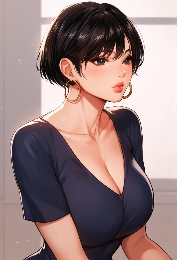  Cute beautiful nari, black eyes, black hair, short hair, , , hoops earrings ,school dress, glossy lips,