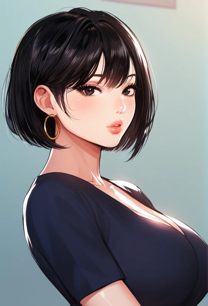  Cute beautiful nari, black eyes, black hair, short hair, , , hoops earrings ,school dress, glossy lips,