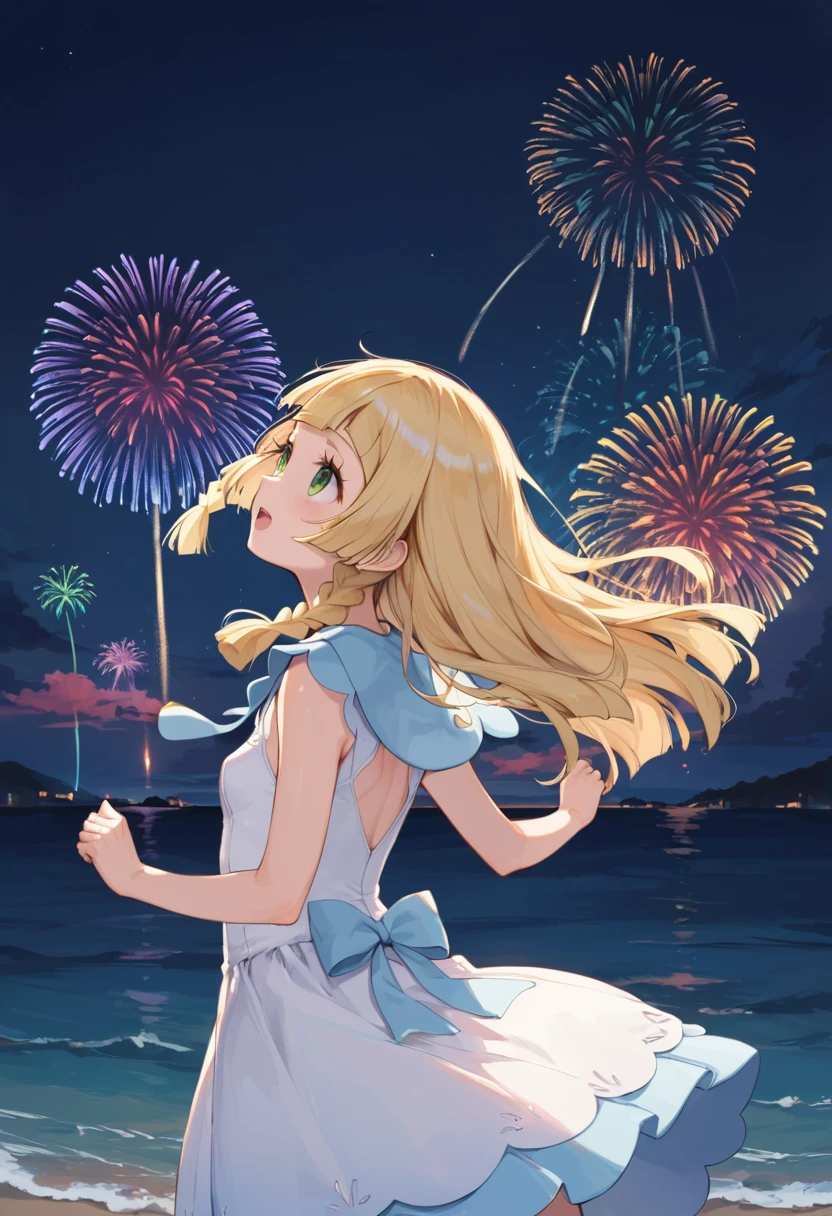 score_9,score_8_up,score_7_up,cowboy shot,(( Anime)),(details background),1girl,lillie(pokemon),open mouth,look up sky,night,sky,back view,Lots of fireworks,sea