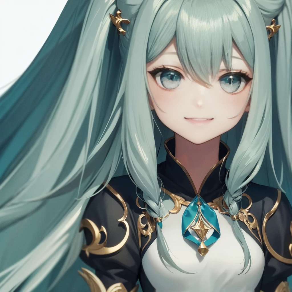 Highest quality,One girl, Alone, Green Eyes, smile, :D, Long Hair, Gray Hair, Simple Background,Blue background,Perfect Face,Staring at the audience,