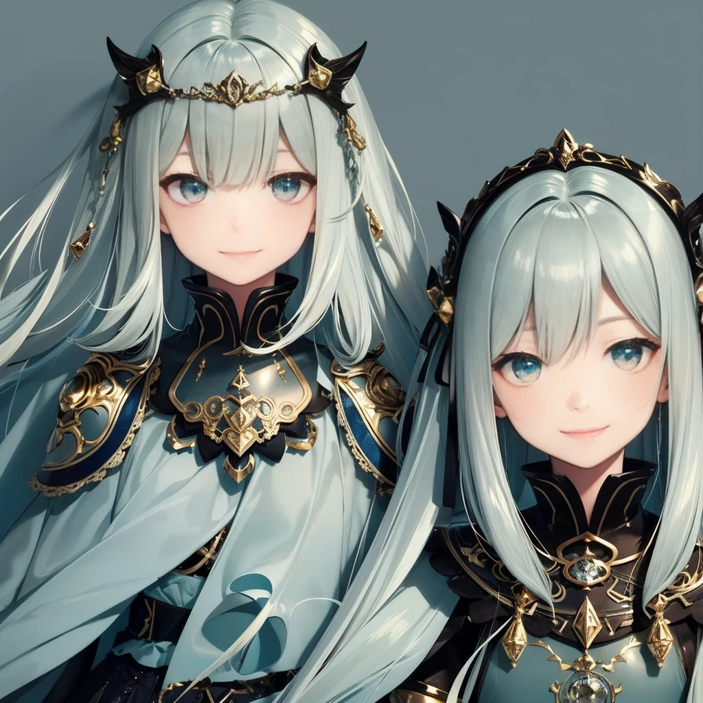 Highest quality,One girl, Alone, Green Eyes, smile, :D, Long Hair, Gray Hair, Simple Background,Blue background,Perfect Face,Staring at the audience,