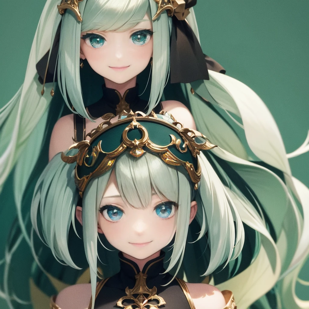 Highest quality,One girl, Alone, Green Eyes, smile, :D, Long Hair, Gray Hair,  Simple Background,Blue background,Perfect Face,Staring at the audience,