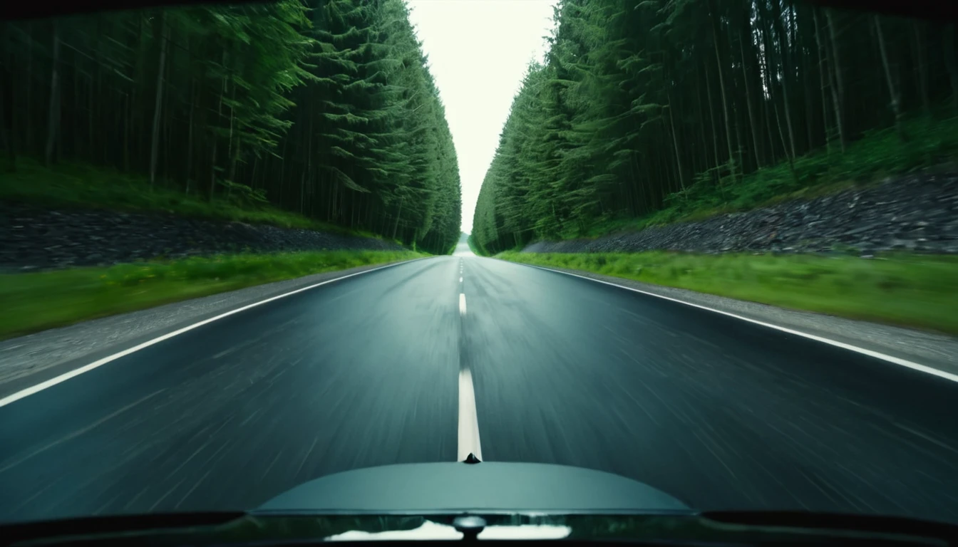car moving, asphalt road, first person view seeing the car from behind, sinister environment