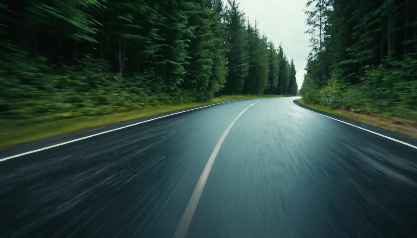car moving, asphalt road, first person view seeing the car from behind, sinister environment