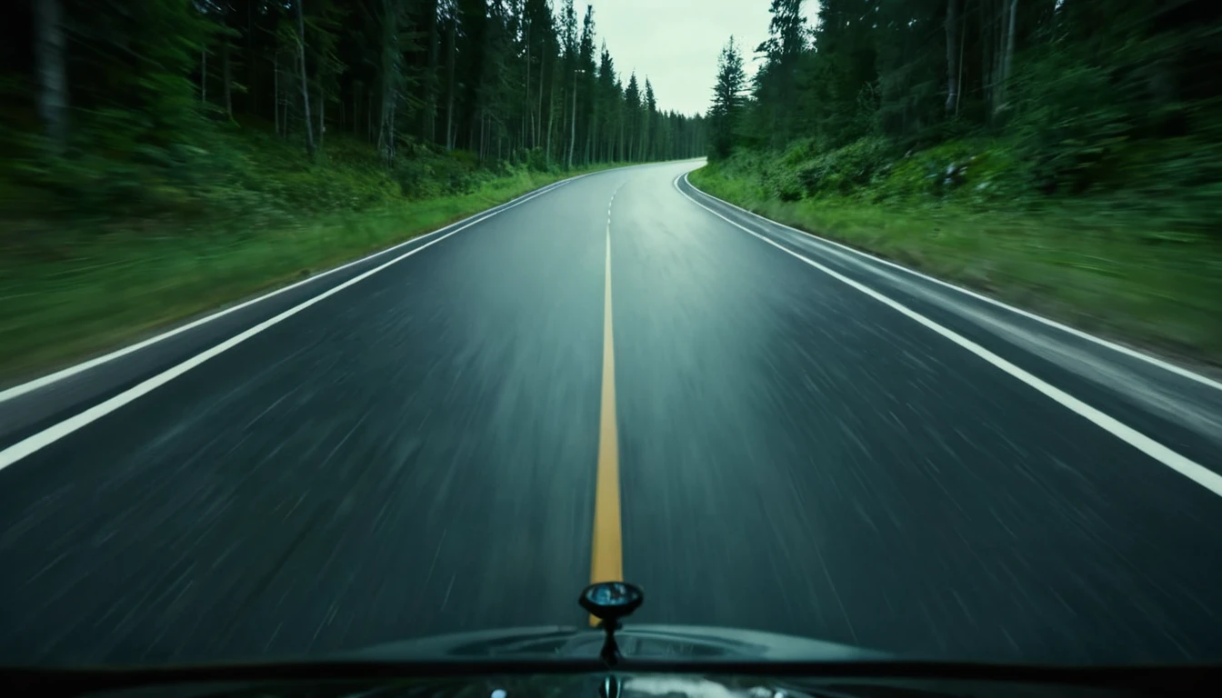 car moving, asphalt road, first person view seeing the car from behind, sinister environment