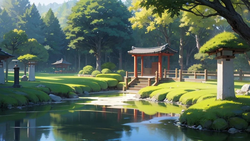 A grand piano is placed in the middle of a Japanese garden with grassy paths.,quiet、The small stream sparkles