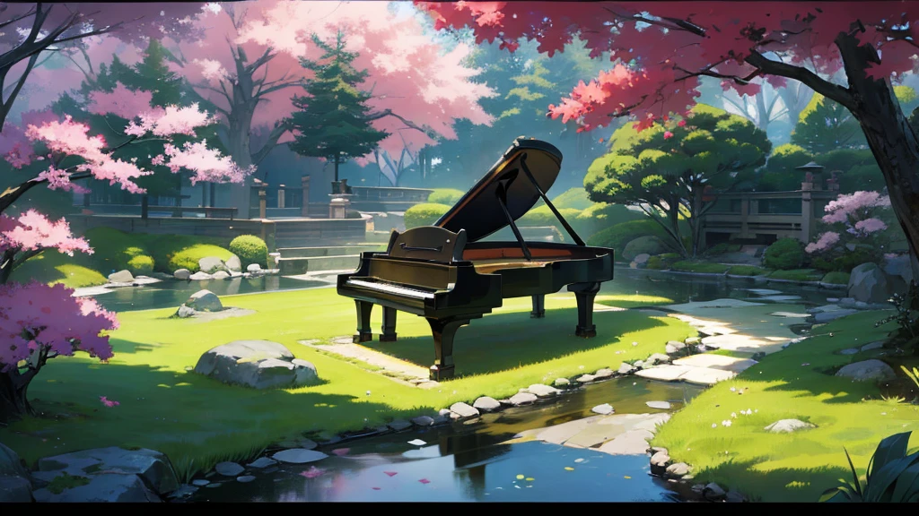A grand piano is placed in the middle of a Japanese garden with grassy paths.,quiet、The small stream sparkles
