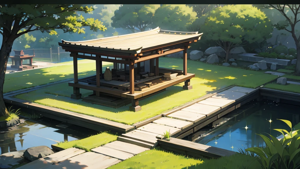 A grand piano is placed in the middle of a Japanese garden with grassy paths.,quiet、The small stream sparkles