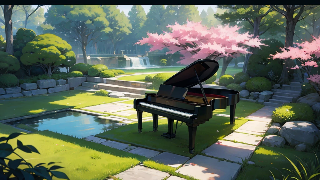 A grand piano is placed in the middle of a Japanese garden with grassy paths.,quiet、The small stream sparkles