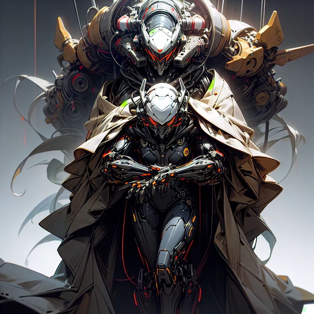  enigmatic black gold hooded cybernetic  neon helmet, and black white mask, enigmatic black hardware and nanotubes on cloak, cybernetic chrome hardware, photo realistic, maximum details, :blank :white background --chaos 10 --ar 4:5 --stylize 250 --v 6.0