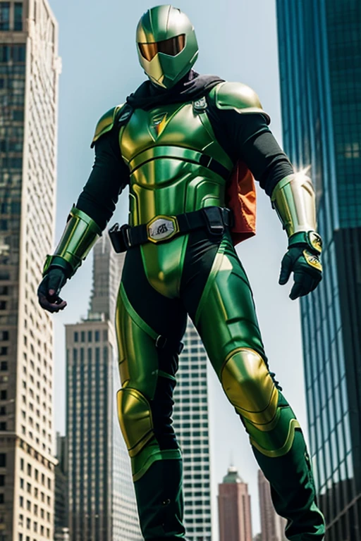 ((best quality)), ((masterpiece)), (detailed), 1 male, full body, 25 years old, masked, lemon green mask covering his entire head, smooth head, mask covering his mouth, 1 small crest on his head, oxygen mask, angry expression, black collar, tall and strong, very athletic, green fly wings, grey details, green fingerless gloves, green wrist guards, lemon green nanotech suit resembling light armor, lemon green chest with an emblem, orange fly emblem on his chest, fly, green pants, green knee pads, metallic green boots, orange superhero belt, flying around a building, city background, anime
